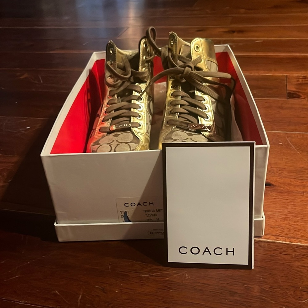 Womans size 6 1/2 EUC Coach Gold, brown and white sneakers
